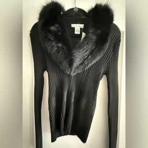 White House Black Market Ribbed Black V-Neck Sweater with Faux Fur